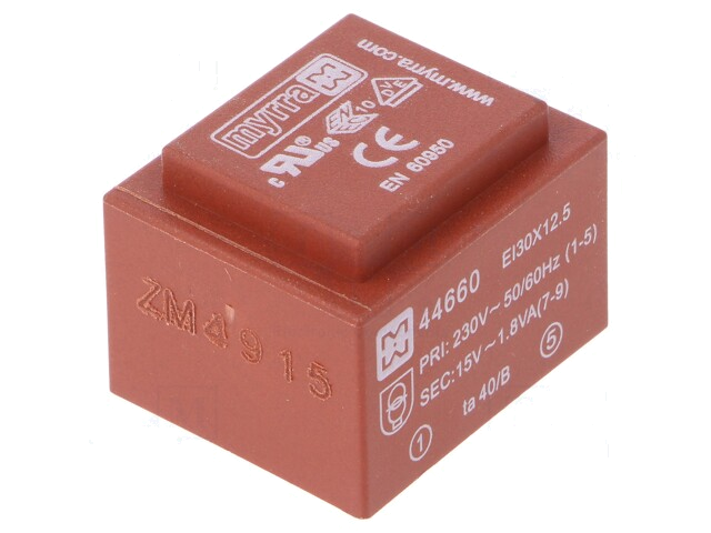 Transformator: ingegoten; 1,8VA; 230VAC; 15V; 120mA; PCB Transformator: ingegoten; 1,8VA; 230VAC; 15V; 120mA; PCB